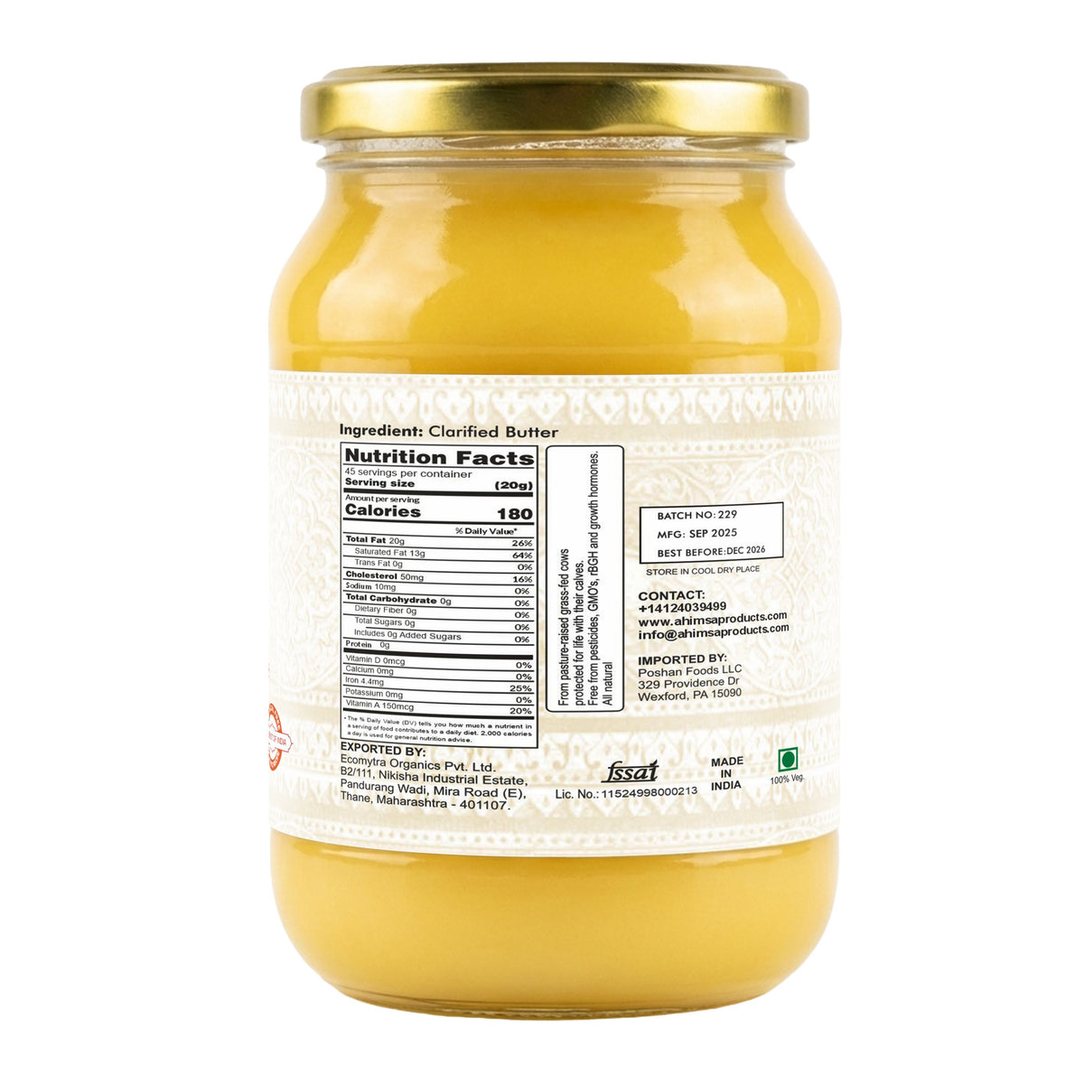 Ahimsa Ghee - Pure Indian Desi Cow A2 Cultured Ghee, 16oz