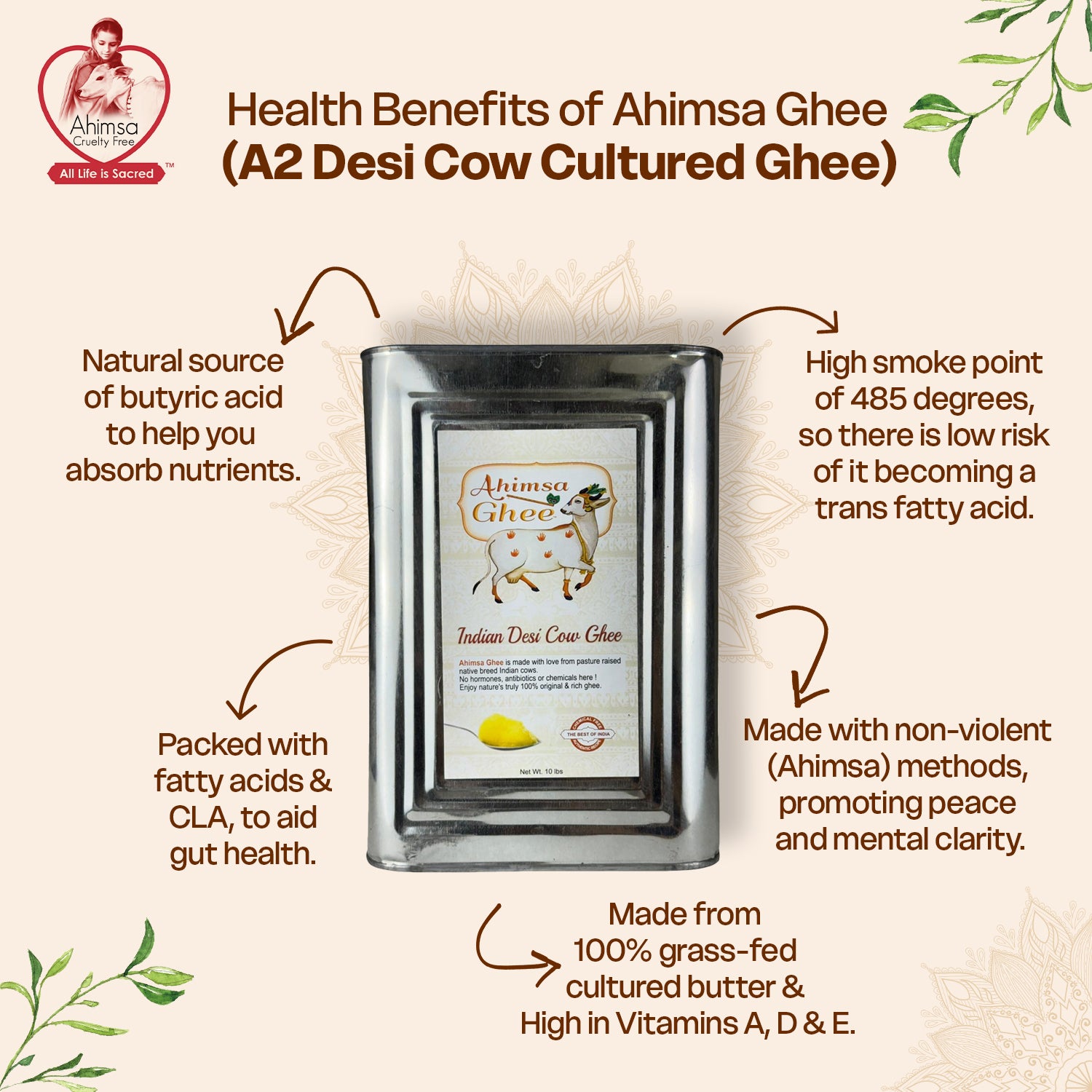 Ahimsa Ghee - Pure Indian Desi Cow A2 Cultured Ghee (10 lbs)