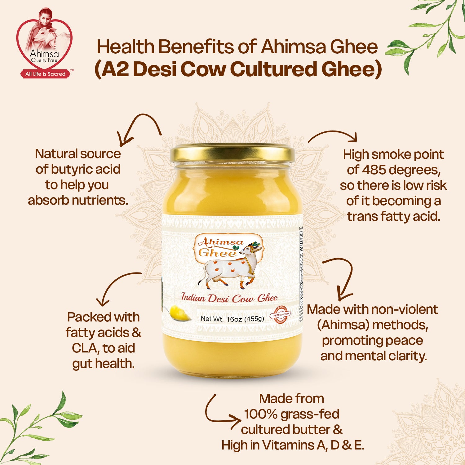 Ahimsa Ghee - Pure Indian Desi Cow A2 Cultured Ghee, 16oz