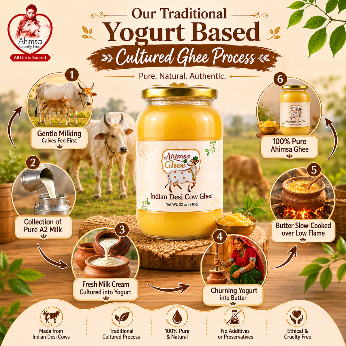 Ahimsa Ghee - Pure Indian Desi Cow A2 Cultured Ghee, 32oz