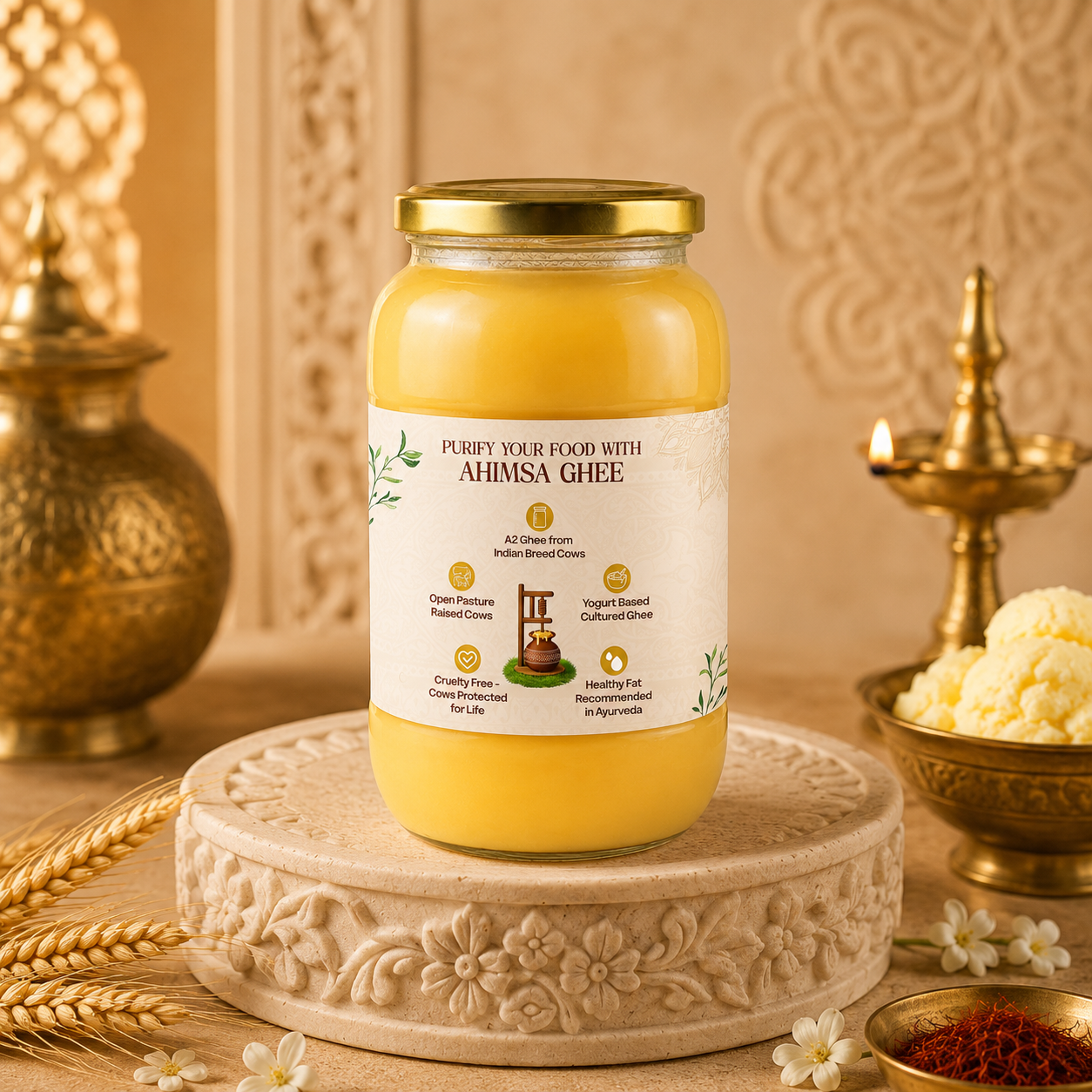 Ahimsa Ghee - Pure Indian Desi Cow A2 Cultured Ghee, 32oz