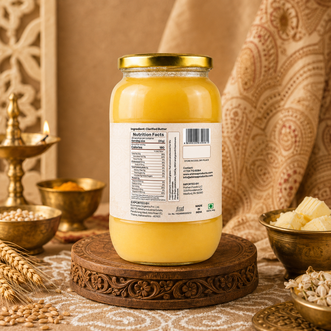 Ahimsa Ghee - Pure Indian Desi Cow A2 Cultured Ghee, 32oz