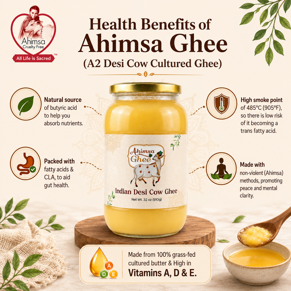 Ahimsa Ghee - Pure Indian Desi Cow A2 Cultured Ghee, 32oz