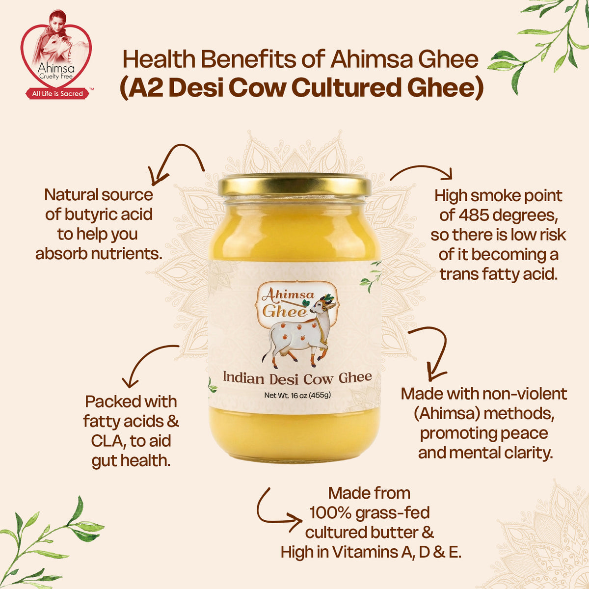Ahimsa Ghee - Pure Indian Desi Cow A2 Cultured Ghee, 16oz