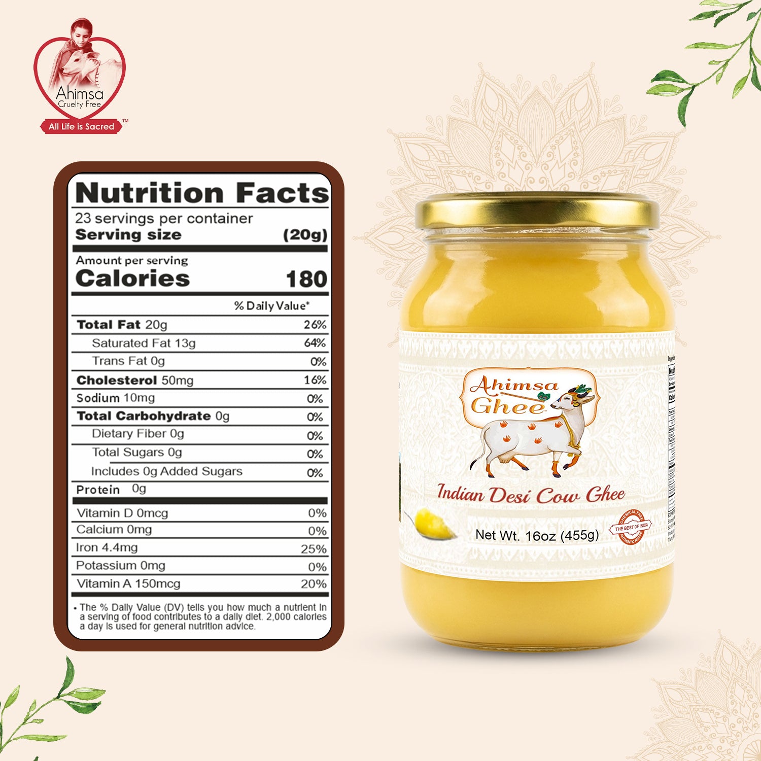 Ahimsa Ghee - Pure Indian Desi Cow A2 Cultured Ghee, 16oz