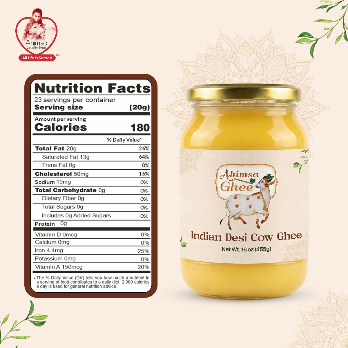 Ahimsa Ghee - Pure Indian Desi Cow A2 Cultured Ghee, 16oz