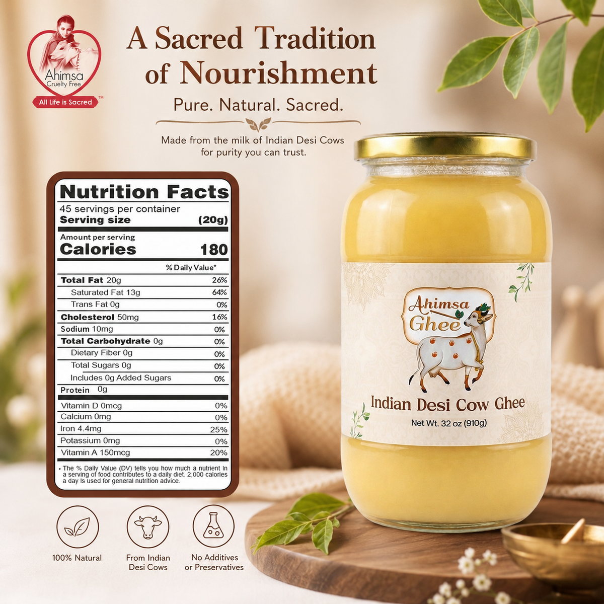 Ahimsa Ghee - Pure Indian Desi Cow A2 Cultured Ghee, 32oz