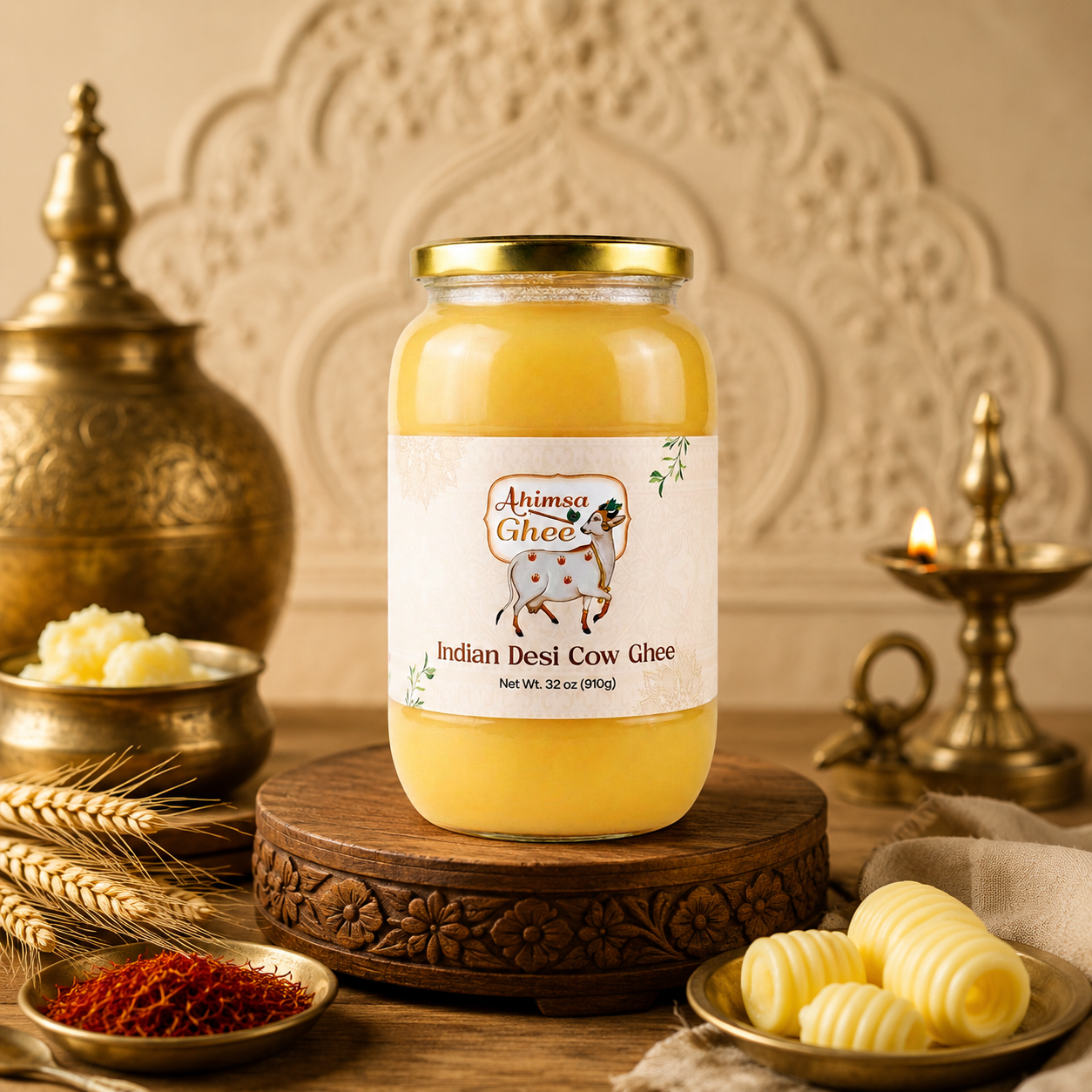 Ahimsa Ghee - Pure Indian Desi Cow A2 Cultured Ghee, 32oz