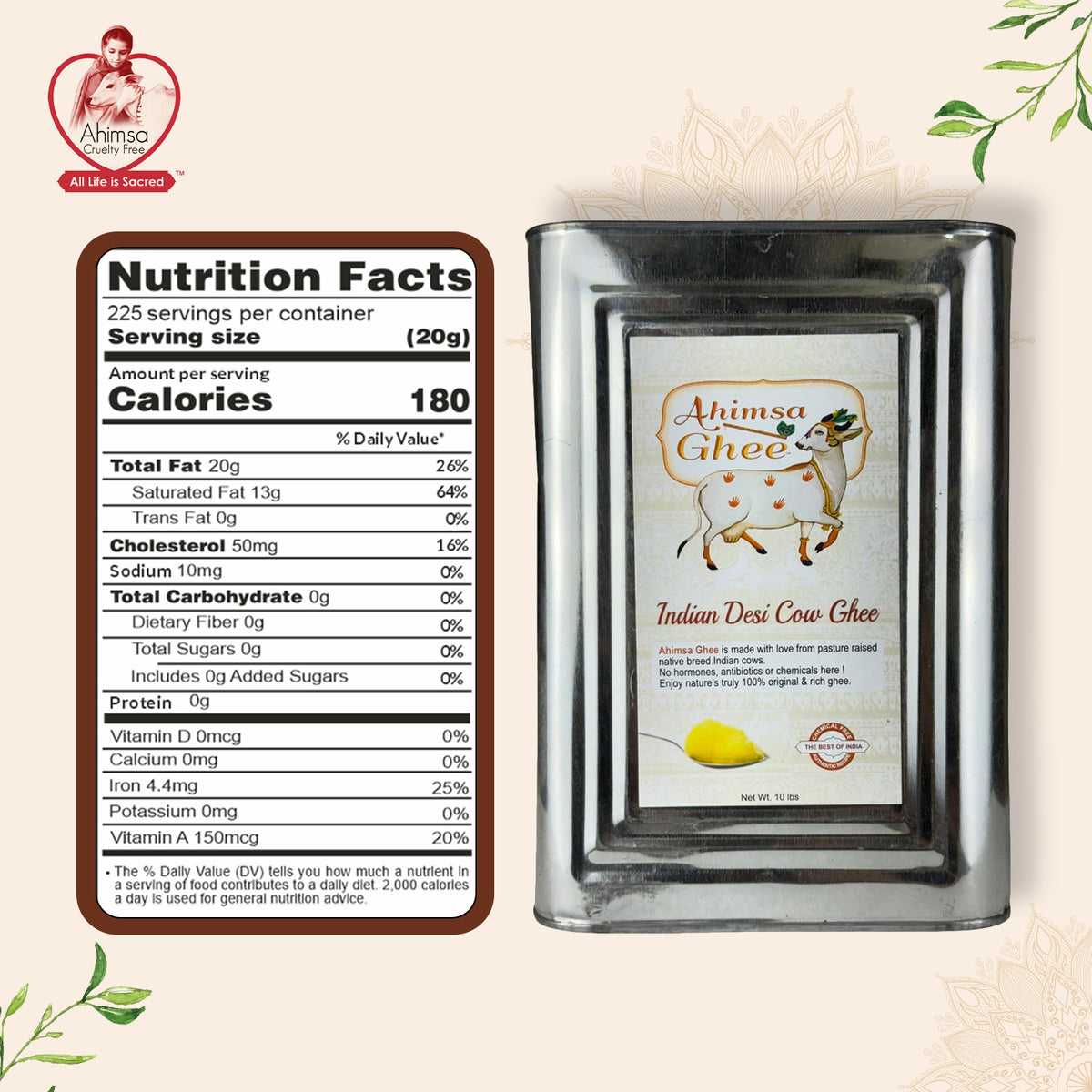 Ahimsa Ghee container with nutrition facts label on a light background